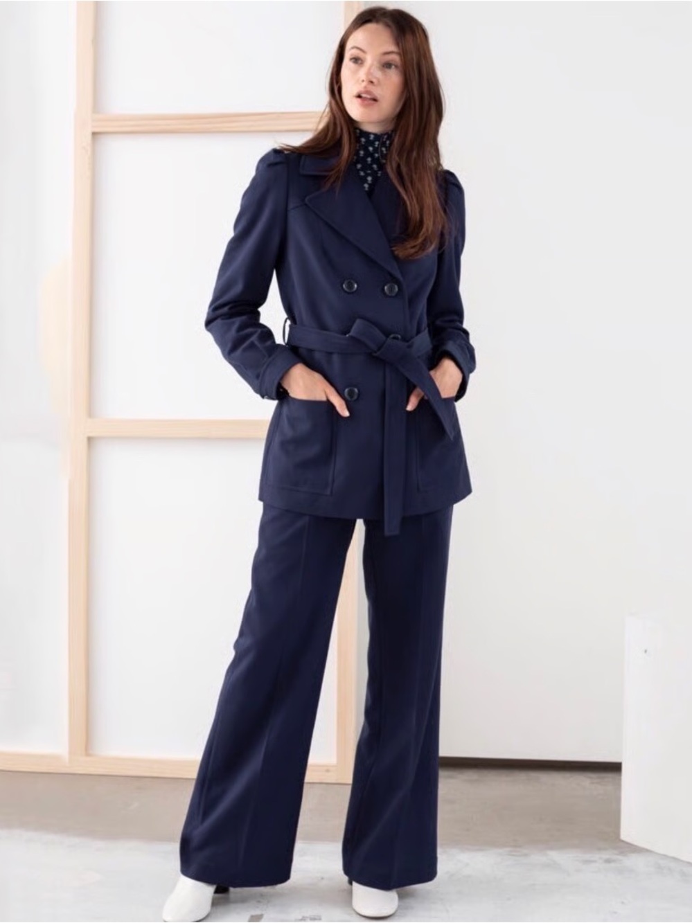 NEW & Other Stories Navy Twill Trench Belted Jacket and Pants Suit Set US 6/8